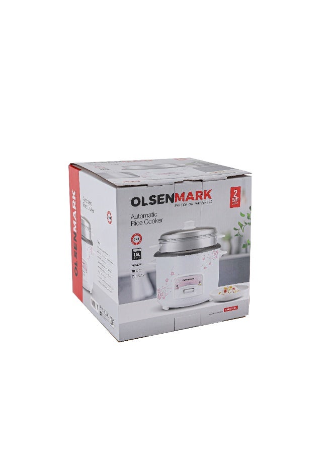 Olsenmark 1.5L Automatic Rice Cooker – 500W, 3-in-1 Cook, Steam & Keep Warm, Non-Stick Aluminum Inner Pot, Single Switch Operation, White & Pink Floral | Model OMRC7026 1.5 L 500 W OMRC7026 White and Pink - Image 3