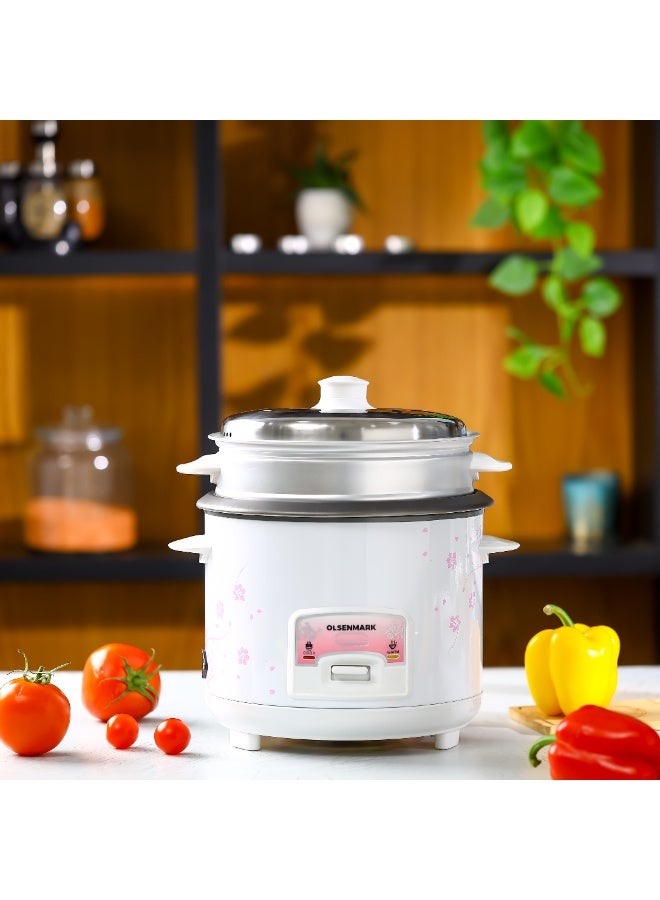 Olsenmark 1.5L Automatic Rice Cooker – 500W, 3-in-1 Cook, Steam & Keep Warm, Non-Stick Aluminum Inner Pot, Single Switch Operation, White & Pink Floral | Model OMRC7026 1.5 L 500 W OMRC7026 White and Pink - Image 2