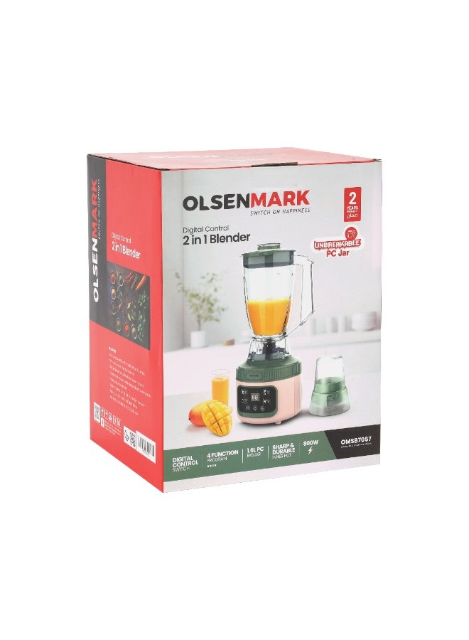 Olsenmark 2-in-1 Digital Control Blender – OMSB7057 | 800W Motor, 1.6L Unbreakable PC Jar | 4 Function Programs, Sharp Durable Blades | Grinder Attachment | 2-Year Warranty 800 W OMSB7057 Green and Beige - Image 2