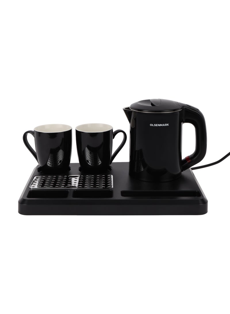 Olsenmark 0.8L Electric Kettle Coffee Table Set – OMK7067 | 600W, Concealed Heating, Auto Power-Off, 360° Base, Includes 2 Mugs & Serving Tray – Black 0.8 L 600 W OMK7067 black - Image 1