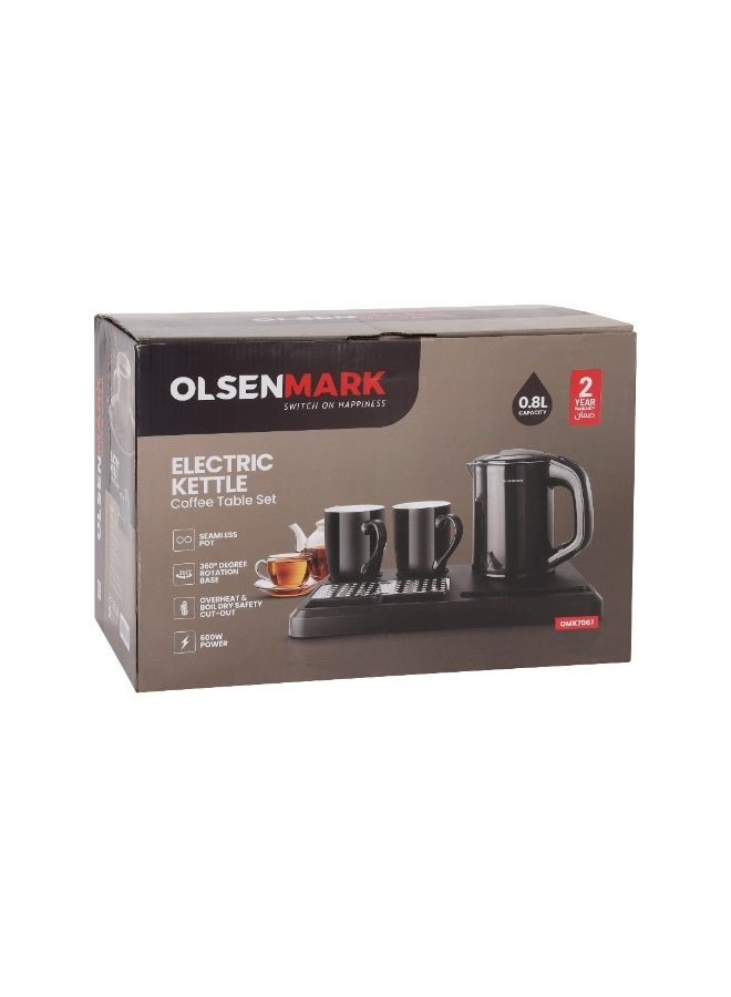 Olsenmark 0.8L Electric Kettle Coffee Table Set – OMK7067 | 600W, Concealed Heating, Auto Power-Off, 360° Base, Includes 2 Mugs & Serving Tray – Black 0.8 L 600 W OMK7067 black - Image 2