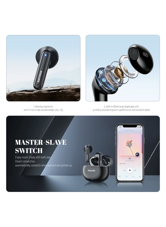 Philips Earbuds, Bluetooth Earbuds, Headphone, Open Ear Ring True Open Ear Headphones, True Wireless Earbuds - Bluetooth ， In-Ear Headphones， Bluetooth 5.4 Headphones with 18H Playtime, AI Call Noise Reduction, 13mm Bass Driver, Spatial Audio, Sweatproof for Sports, Work, Travel & iPhone Android TAT1199 Black - Image 4