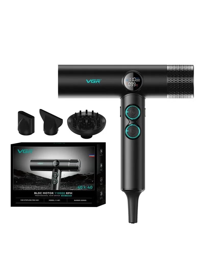 VGR Professional Hair Dryer V-401 For Women , High Speed BLDC Motor up to 110,000 RPM, 40 Speed & 40 Temperature Settings, Intelligent LED Display, Cool Shot Function, Detachable Rear Filter, Powerful & Durable Design for Salon Styling BLACK - Image 1
