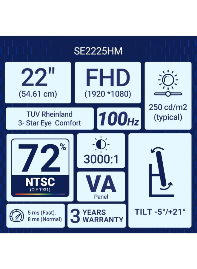 ديل SE2225HM Computer Monitor 21.5-Inch Full HD 1920x1080, LED Backlight Technology, VA Panel Type, 100Hz Refresh Rate, HDMI & VGA Port - Black Black - Image 2