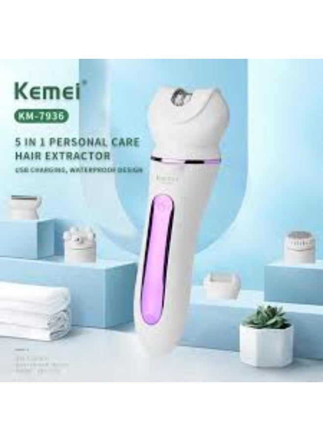 Kemei 5 in 1 Electric Epilator and Lady Shaver Kit with LED Display, IPX6 Waterproof Cordless Hair Removal Device, Rechargeable USB Women Grooming Set with Shaver Head, Epilator Head, Callus Remover and Cleansing Brush – KM-7936 white - Image 2