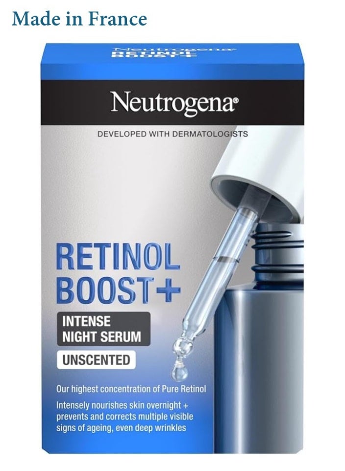 نيوتروجينا Retinol Boost+ Intense Unscented Retinol Night Serum for Face, Reduces Look of Deep Wrinkles, For Firmer, Younger-Looking Skin, made in France 30ml - Image 1