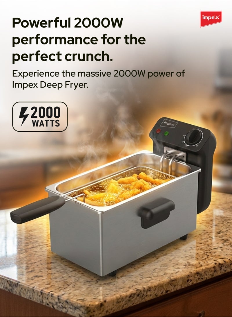 Impex 3 Litre Deep Fryer 2000W with Adjustable Temperature Control 130°C–190°C | Stainless Steel Electric Oil Fryer with Non-Stick Removable Tank | Air Fryer, Kitchen Cooking Food Preparation, Cool Touch Basket Handle | 2 Year Warranty | Model IDF 1003 - Silver and Black 3 L 2000 W IDF 1003 Silver and Black - Image 3