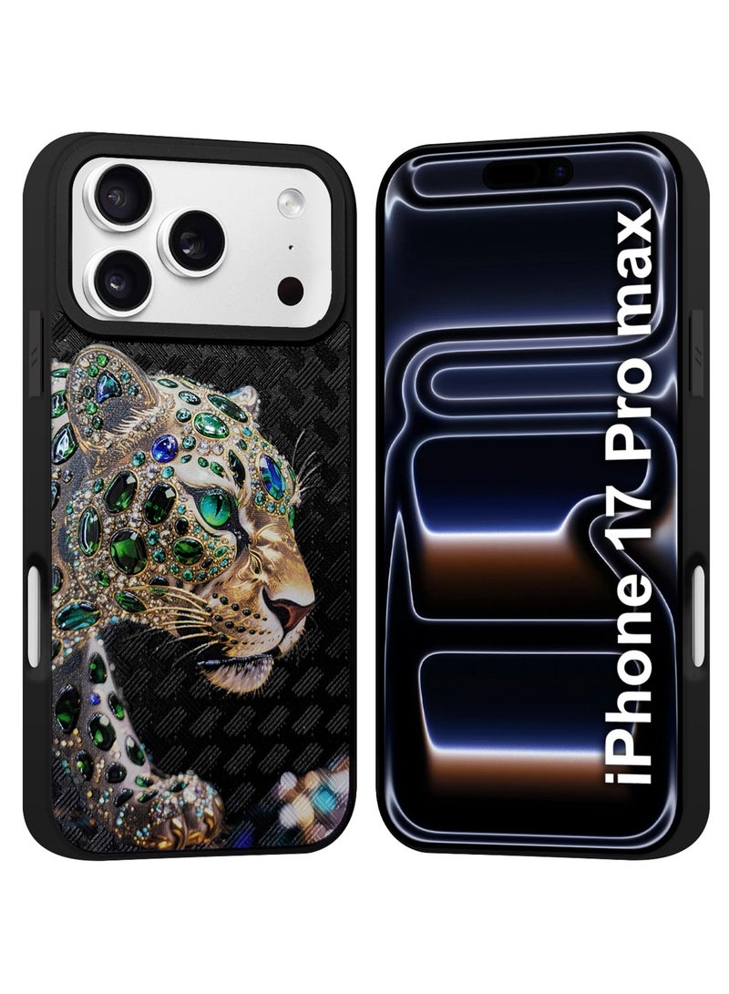 مارجون Leather Leopard Case for iPhone 17 Pro Max with 3D Crystal Rhinestone Design – Heavy Duty  Shockproof Protective Cover, Durable & Anti-Scratch - Black - Image 1