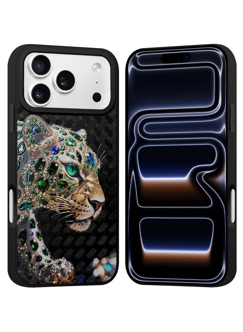 مارجون Leather Leopard Case for iPhone 17 Pro Max with 3D Crystal Rhinestone Design – Heavy Duty  Shockproof Protective Cover, Durable & Anti-Scratch - Black - Image 2