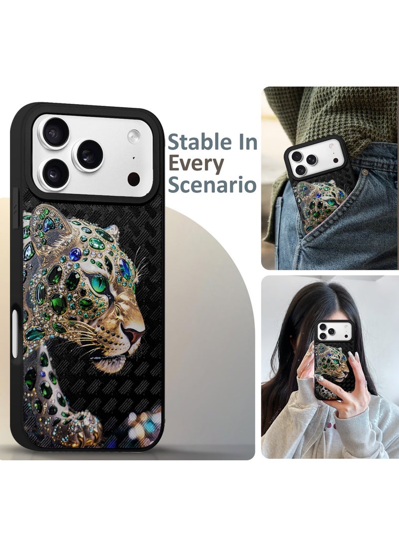 مارجون Leather Leopard Case for iPhone 17 Pro Max with 3D Crystal Rhinestone Design – Heavy Duty  Shockproof Protective Cover, Durable & Anti-Scratch - Black - Image 4