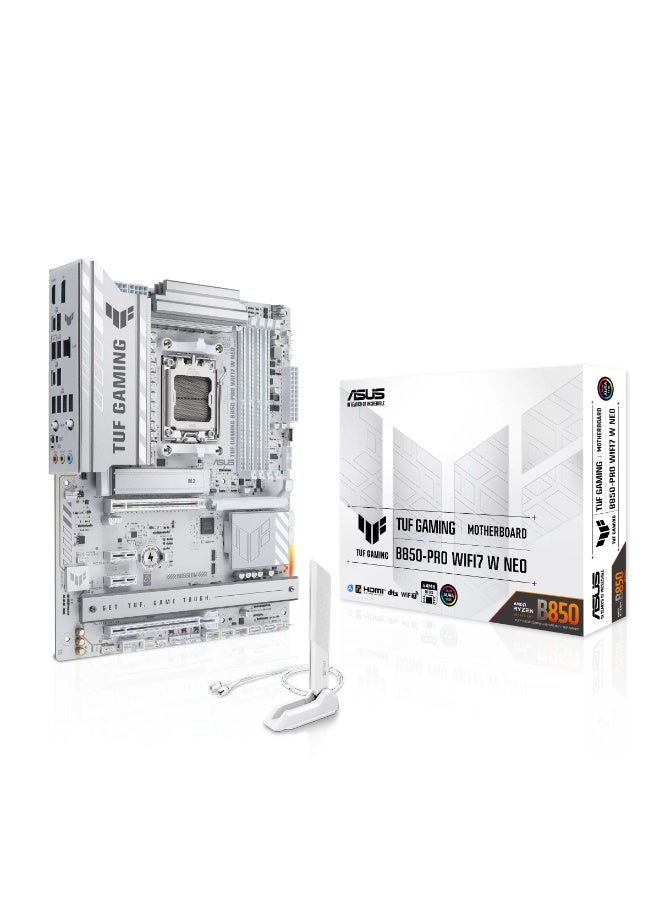 ASUS TUF GAMING B850-PRO WIFI7 W NEO AM5 ATX Motherboard – DDR5 9000MHz (OC) 4x DIMM, PCIe 5.0 x16, 2.5Gb Ethernet, Wi-Fi 7, M.2 PCIe 5.0/4.0, AI Cooling & BIOS FlashBack, Aura Sync RGB, AMD B850 Chipset, White | 90MB1NW0-M0EAY0 - Image 1