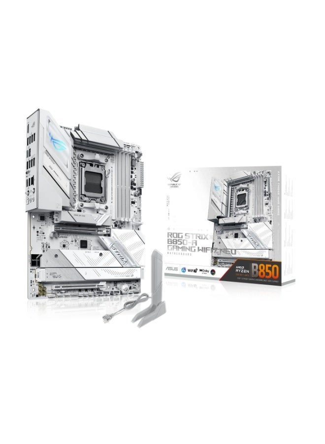 أسوس لوحة أم ROG Strix B850-A للألعاب WiFi7 Neo ATX AMD AM5، تدعم ذاكرة DDR5 حتى 256GB، PCIe 5.0 x16، 4x M.2 NVMe، Wi-Fi 7 و5Gb LAN، صوت SupremeFX 7.1، HDMI، تبريد AI وشبكات AI، Aura Sync RGB، أبيض | 90MB1P10-M0EAY0 - Image 1