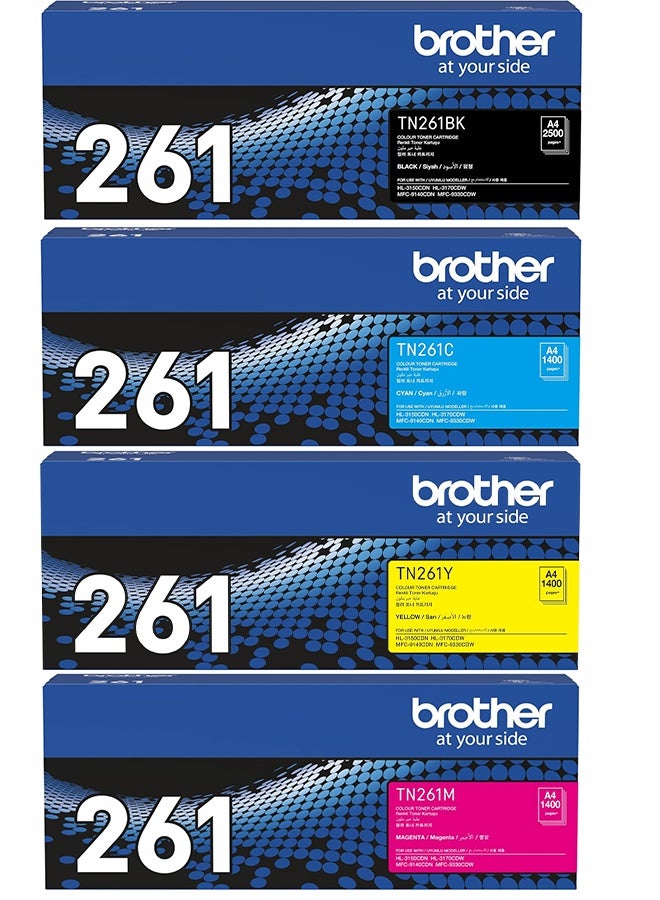 brother Original TN-261 Full Combo Set suitable for Printer Brother HL-3140CW 3142CW 3150CDW 3170CDW DCP-9015CDW 9017CDW 9020CDW MFC-9130CW 9140CDN 9330CDW 9340CDW (BK/C/Y/M) Black,Cyan,Magenta,Yellow - Image 1