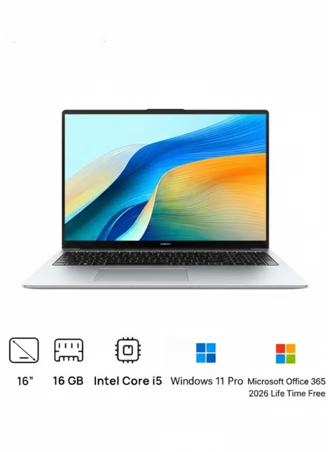 هواوي لابتوب ميت بوك D16 (نسخة محدثة) بشاشة 16 بوصة بدقة فول إتش دي (1920x1080)، مع معالج كور i5-12450H/ذاكرة عشوائية 16 جيجابايت DDR5/512 جيجابايت SSD/ويندوز 11 برو + مايكروسوفت أوفيس - Image 1