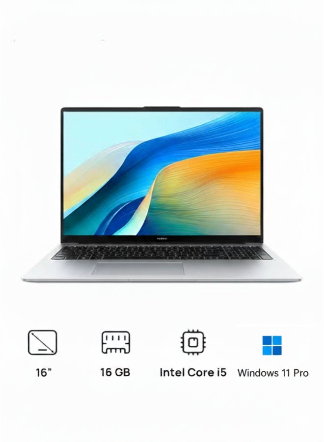 هواوي لابتوب Matebook D16 (إصدار مطور) بشاشة 16 بوصة عالية الدقة بالكامل (1920x1080)، معالج Core i5-12450H/ذاكرة وصول عشوائي 16 جيجابايت DDR5/قرص صلب SSD سعة 512 جيجابايت/نظام التشغيل Windows 11 Pro/ الإنجليزية/العربية - Image 1