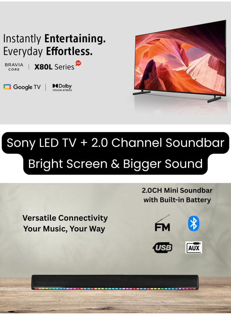 Sony Bundle Of Bravia 50-Inch X80L 4K UHD Smart Google TV With 2.0 Channel Portable Soundbar With Built In Battery & LED Lights - Ideal for Cinematic Home Theater, PS5 Pro Gaming, and Immersive Sports Streaming, Sony 50 Inch HDR TV - KD-50X80L+SOUNDBAR Black - Image 3