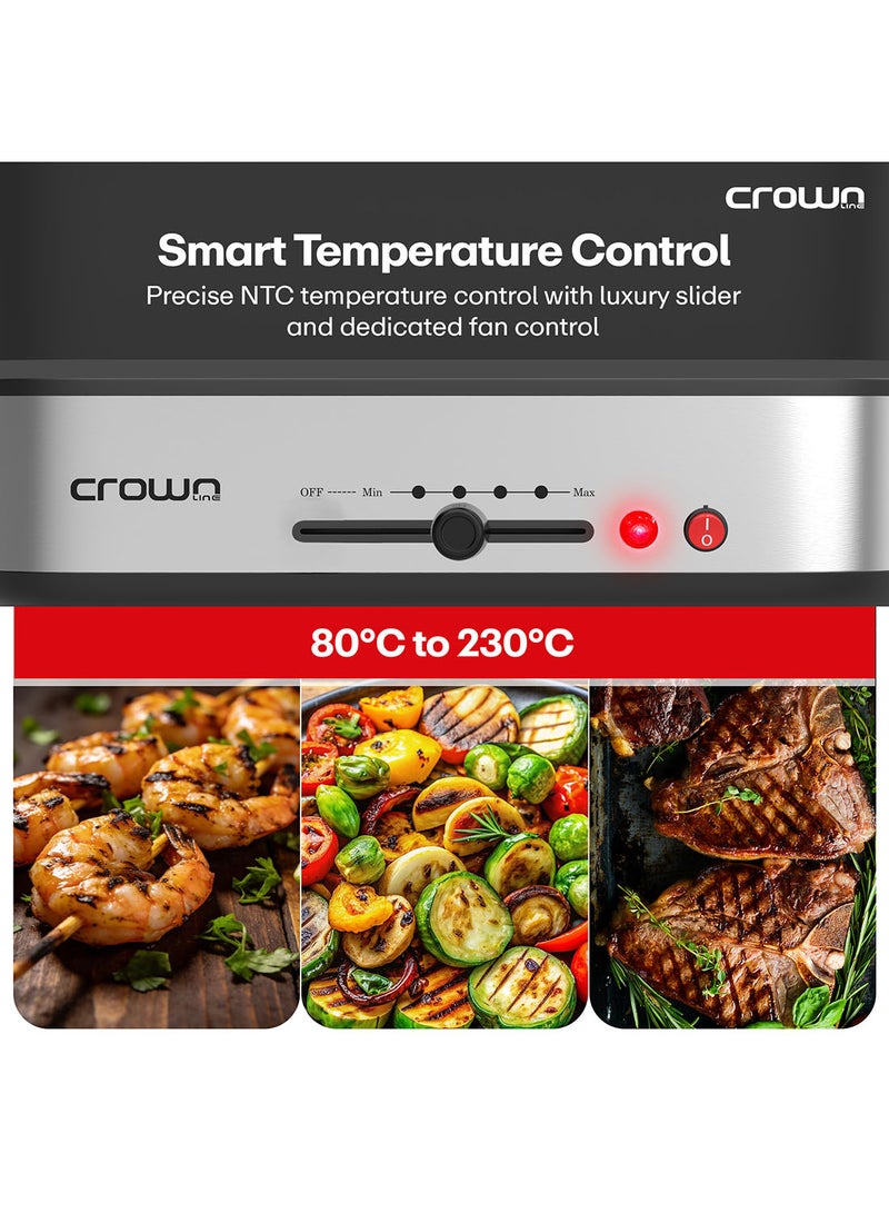 Crownline GR-440 Smokeless Electric Grill, 1800W, Precise Temperature Control (80°C–230°C), Detachable Parts, Die-Cast Aluminum Plate, SS Housing & Tempered Glass Lid 1800 W Crownline GR-440 Smokeless Grill 1800W black - Image 3