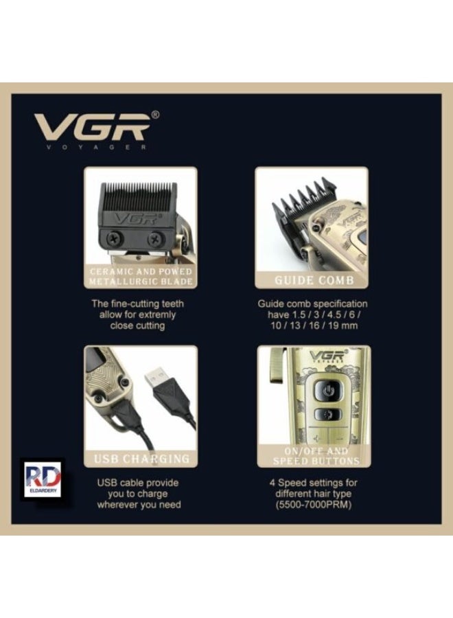 VGR Professional hair clipper model V-005 - Durable metal body - High-precision blade - 4 adjustable speeds - Superior cordless cutting and trimming performance gold - Image 4