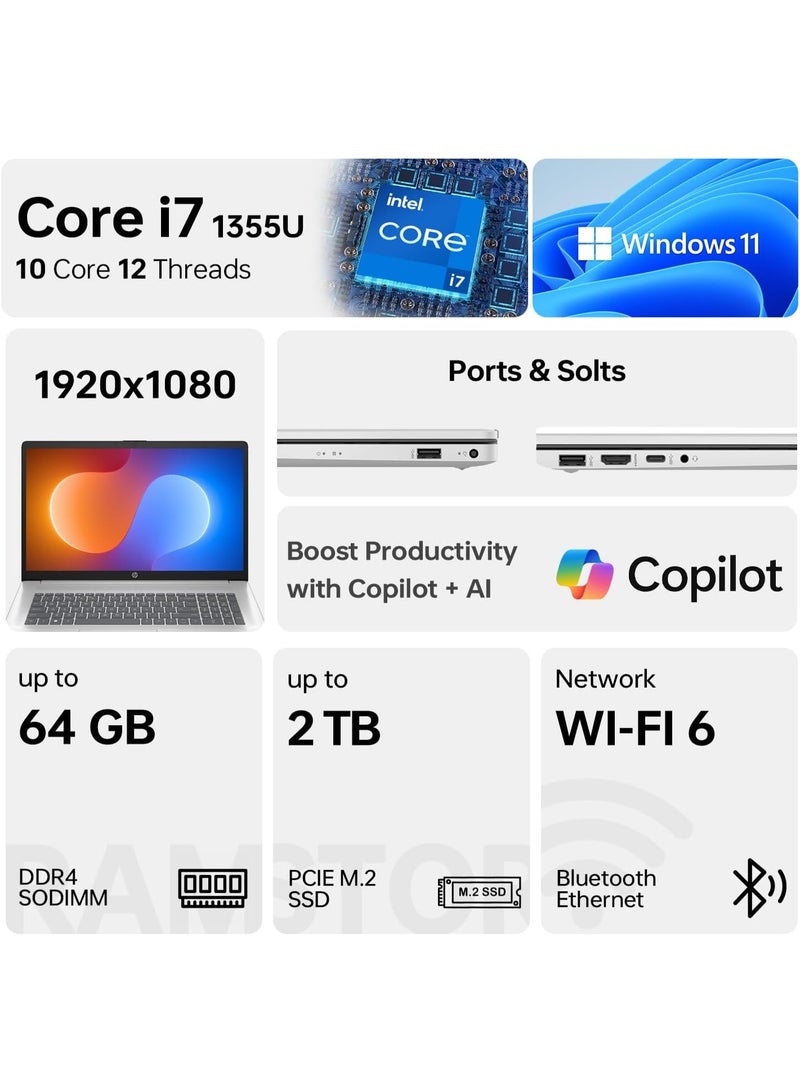 HP Essential 17 Laptop for Productivity & Daily Work, 17.3" FHD Display, Intel Core i7-1355U Performance, 16GB RAM + 1TB SSD, Webcam, USB-C, HDMI, Wi-Fi 6, Windows 11 Home, Silver,free MS Office English silver - Image 2