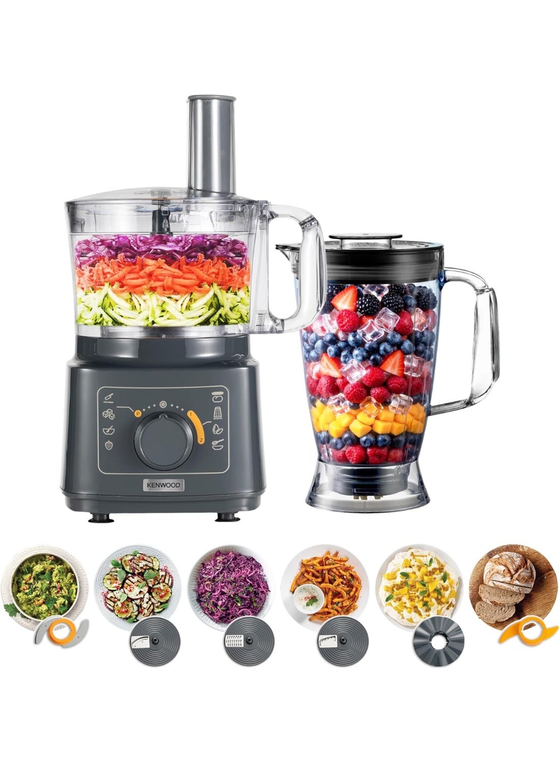 KENWOOD Food Processor 750W Multi-Functional with Blender,Reversible Slicing/Grating Disk, Emulsifying Disk for Whisking, Dough Maker, Knife Blade FDP05.50GY Grey 2 L 750 W FDP05.50GY grey