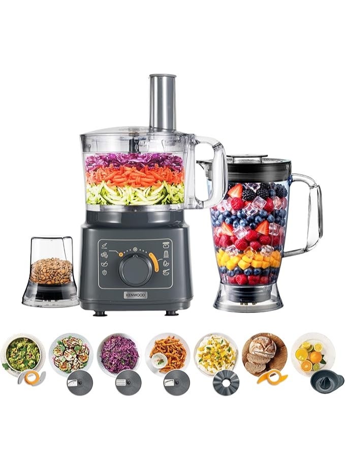 KENWOOD Food Processor 750W Multi-Functional with Blender, Citrus Juicer, Reversible Slicing/Grating Disk, Emulsifying Disk for Whisking, Dough Maker, Knife Blade FDP05.80GY Grey 2 L 750 W FDP05.80GY grey