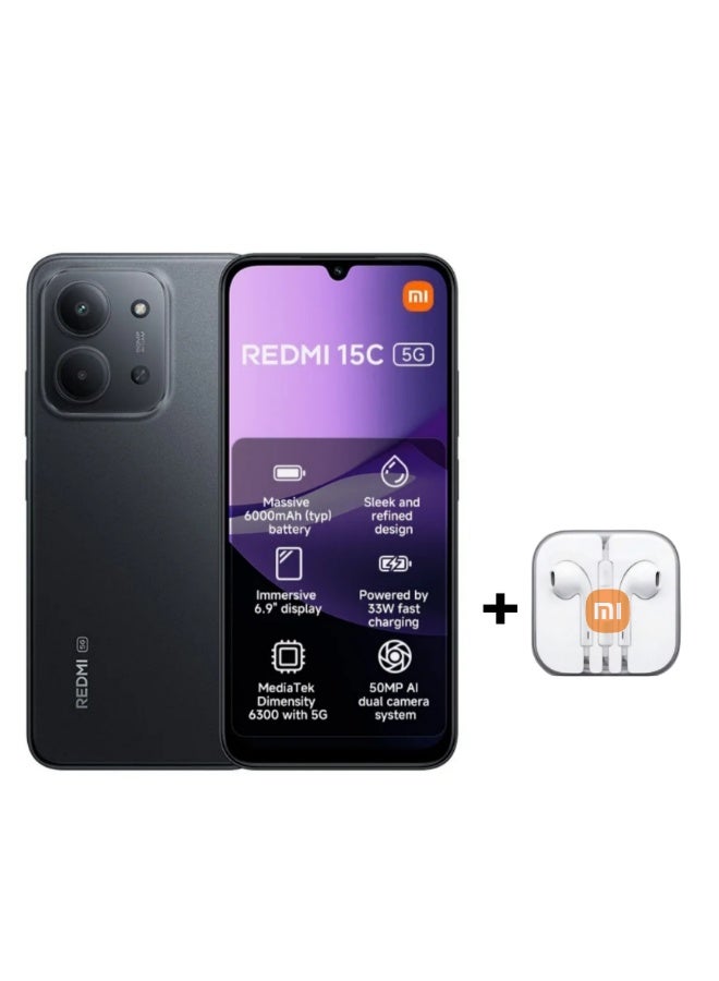 شاومي ريدمي 15C ثنائي الشريحة أسود منتصف الليل 8 جيجابايت رام 256 جيجابايت 5G + هدية - النسخة العالمية - Image 1