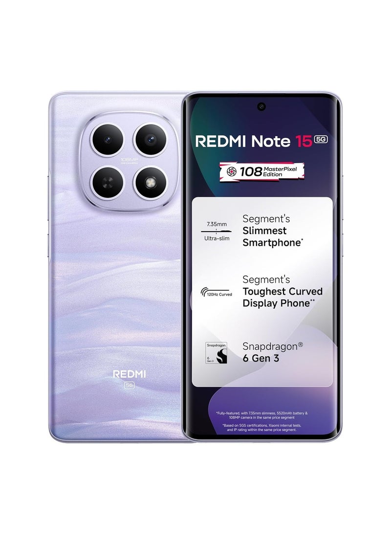 Xiaomi Redmi Note 15 5G (Mist Purple, 8GB RAM 256GB Storage) | 108MP OIS Camera | Snapdragon 6 Gen 3 | 17.2cm Tough Curved AMOLED Screen | Segment’s Slimmest Phone | 5520mAh Si/C Battery | 45W Fast Charging - Image 1
