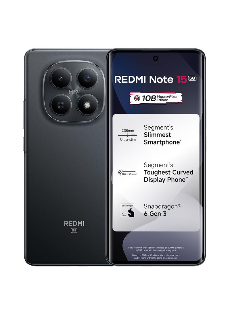 Xiaomi Redmi Note 15 5G Black, 8GB RAM 256GB | 108MP OIS Camera | Snapdragon 6 Gen 3 | 17.2cm Tough Curved AMOLED Screen | Segment’s Slimmest Phone | 5520mAh Si/C Battery | 45W Fast Charging - Image 1