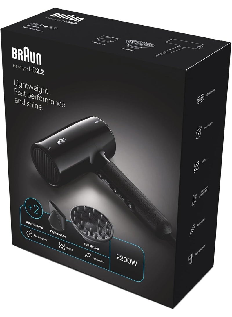 براون Hair Dryer Hd2.2 Light Weight Fast Performance And Shine 3 Heat Mode Plus Cool Shot With 2 Attachments Drying Nozzle Curl Diffuser Grey 2200 Watts 2200 Watts - Image 1