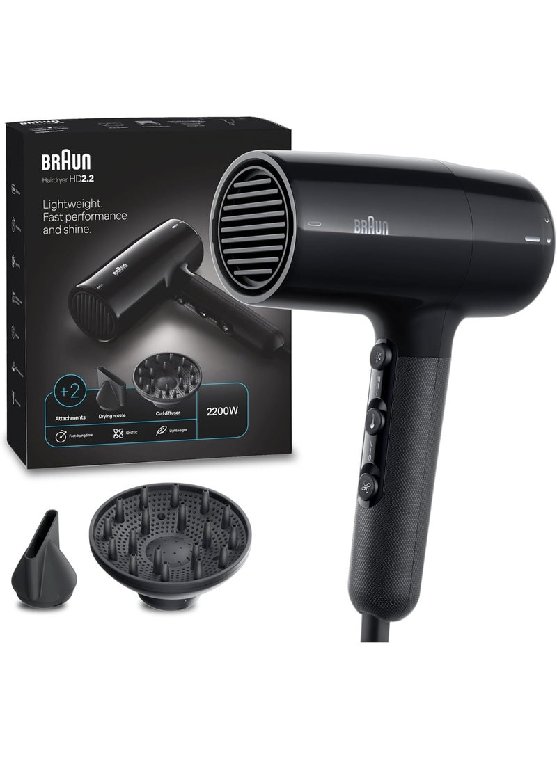براون Hair Dryer Hd2.2 Light Weight Fast Performance And Shine 3 Heat Mode Plus Cool Shot With 2 Attachments Drying Nozzle Curl Diffuser Grey 2200 Watts 2200 Watts - Image 2