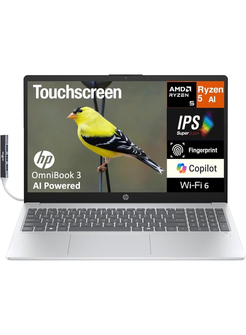 HP أومني بوك 3 كوبايلوت+ لابتوب 15.6" FHD باللمس، معالج AMD رايزن 5 AI 5 330، 16 جيجابايت ذاكرة DDR5، 512 جيجابايت SSD، ميزات ذكية بالذكاء الاصطناعي، واي فاي 6، ويندوز 11 هوم، فضي جليدي، 2025 - Image 1