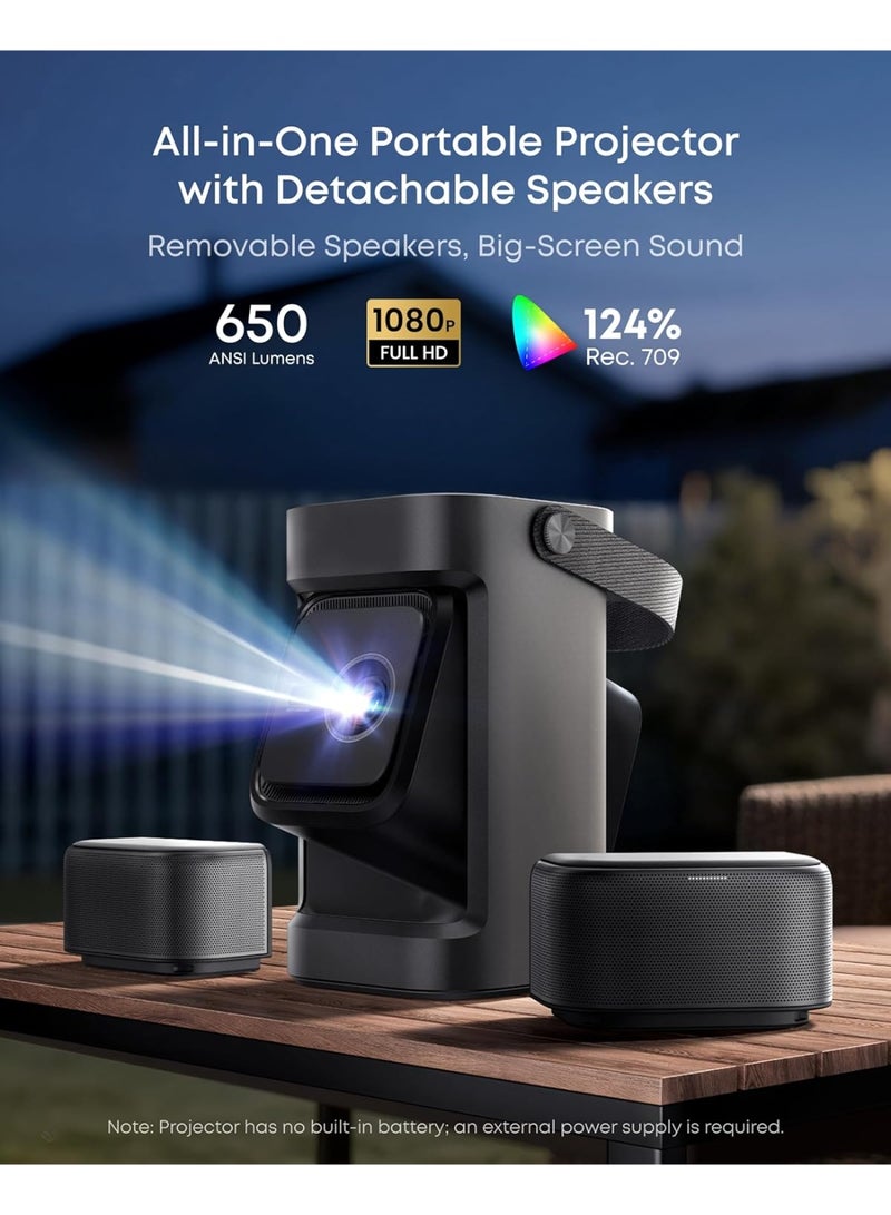 نيبولا soundcore Nebula P1 Portable Projector with Detachable Speakers,650 ANSI Lumens,1080P Full HD,20W Truly 2.0 Surround Sound,Dolby Audio,130° Built-inGimbal,Auto Adjustment,180" Big Screen D2431 Black - Image 2