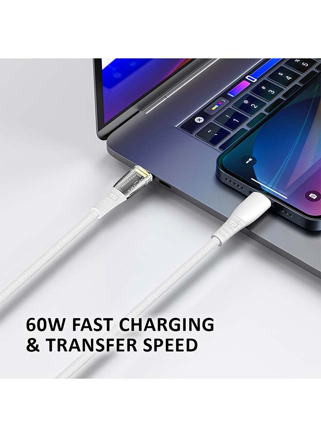 ماي كاندي C-B210TR كابل شفاف USB-C إلى لايتنينج معتمد MFi للشحن السريع 60 واط بطول 1.2 متر، أبيض - Image 3