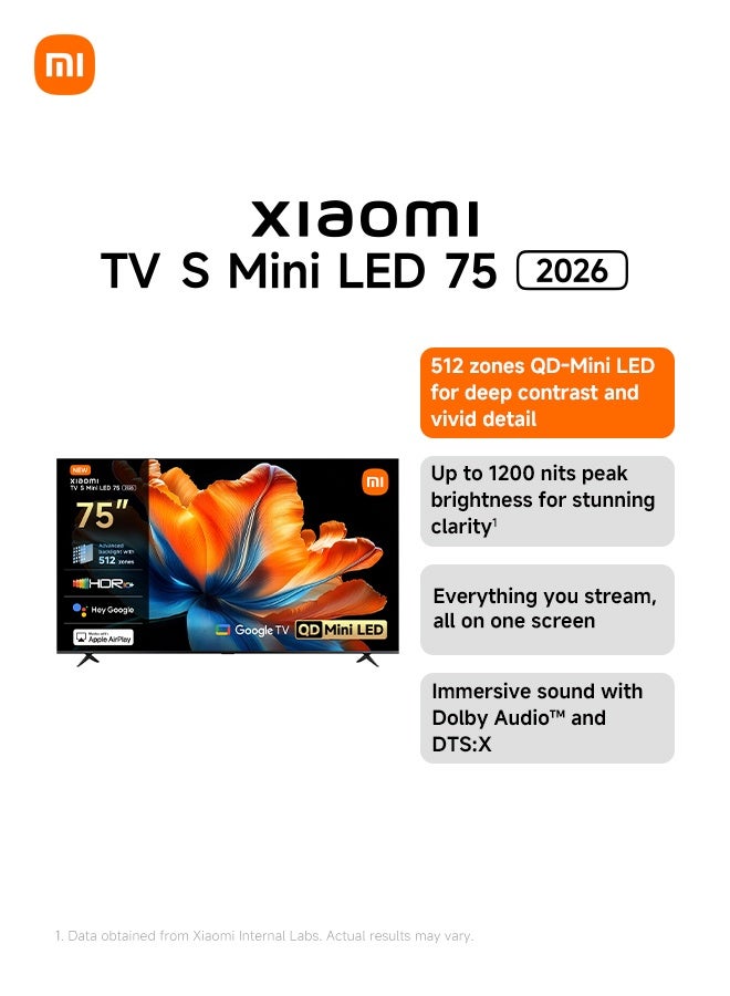 Xiaomi TV S Mini LED 75" 2026, QLED Mini LED, 4K UHD, Smart TV with Google TV, HDR10+, Triple Tuner, DVB T2, 60Hz with 120Hz Game Boost Mode, MEMC, Dolby Audio, Airplay 2 L75MC-SME Black - Image 2