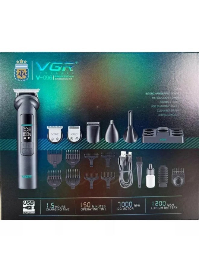 في جي آر V-096 مجموعة قص الشعر الاحترافية IPX7، مجموعة العناية المقاومة للماء 14 في 1 بتصميم معدني، مدة تشغيل 150 دقيقة، محرك 7000 دورة في الدقيقة، شاشة رقمية، شحن USB، قاعدة - Image 4