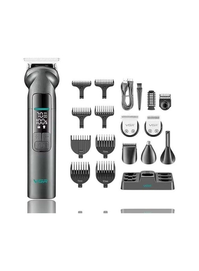 في جي آر V-096 مجموعة قص الشعر الاحترافية IPX7، مجموعة العناية المقاومة للماء 14 في 1 بتصميم معدني، مدة تشغيل 150 دقيقة، محرك 7000 دورة في الدقيقة، شاشة رقمية، شحن USB، قاعدة - Image 1