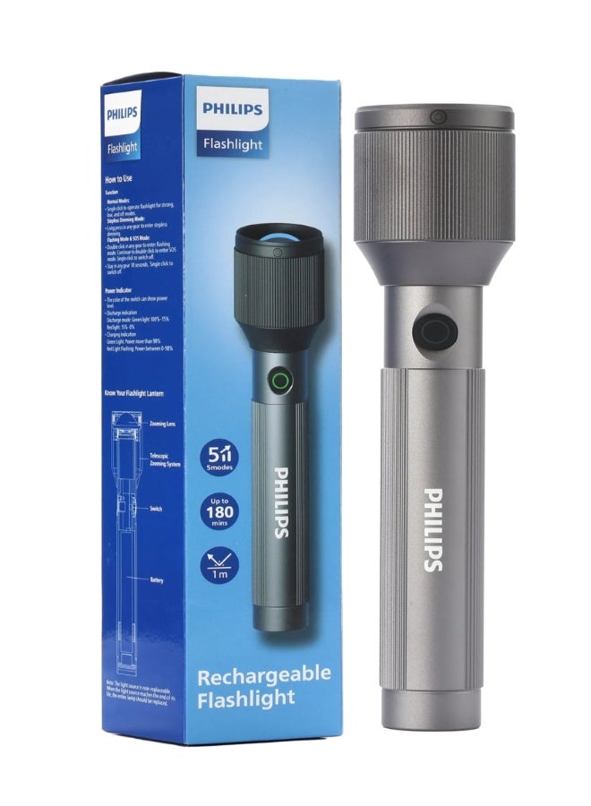 PHILIPS Rechargeable Handheld Flashlight | 1100 Lumens High Brightness | Telescopic Zoom Adjustable Beam | 3000mAh Battery Long Runtime | 4 Lighting Modes SOS Flash | Model SFL2143/56 | Grey | 2 Year Warranty Grey - Image 1