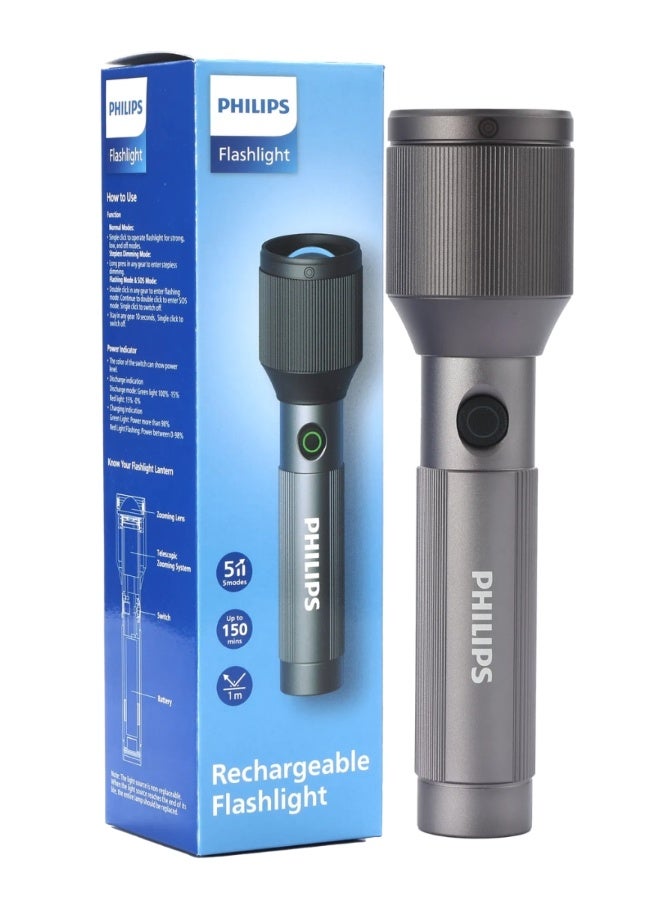 PHILIPS Rechargeable LED Flashlight Torch | 1000 Lumens High Brightness | Aircraft Aluminium Alloy Body | Zoom Adjustable Beam 900m Range | 2000mAh Battery | Model SFL2142/56 | 2 Year Warranty grey - Image 1