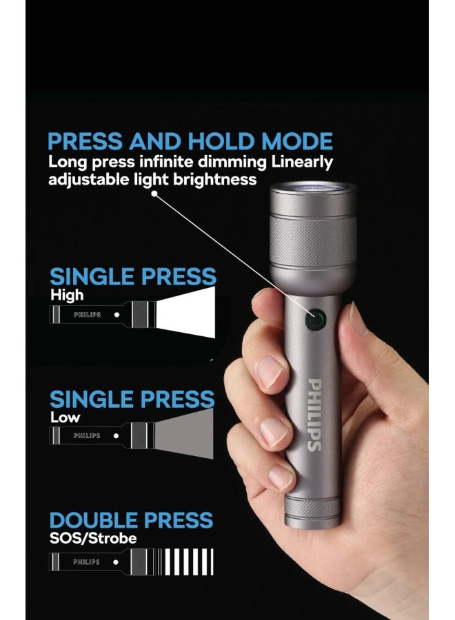 PHILIPS Rechargeable LED Flashlight Torch | 1000 Lumens High Brightness | Aircraft Aluminium Alloy Body | Zoom Adjustable Beam 900m Range | 2000mAh Battery | Model SFL2142/56 | 2 Year Warranty grey - Image 5