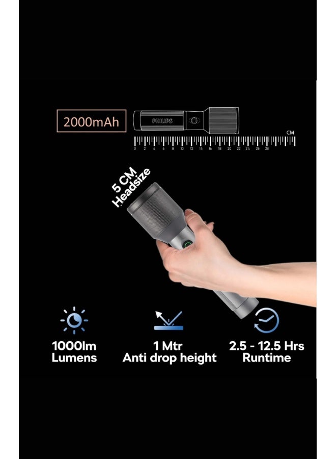 PHILIPS Rechargeable LED Flashlight Torch | 1000 Lumens High Brightness | Aircraft Aluminium Alloy Body | Zoom Adjustable Beam 900m Range | 2000mAh Battery | Model SFL2142/56 | 2 Year Warranty grey - Image 3