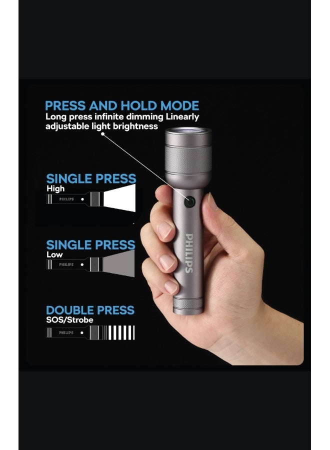 PHILIPS 910LM Rechargeable Flashlight with 3 Lighting Modes, 300 Meter Range, IP55 Waterproof Grey - Image 3