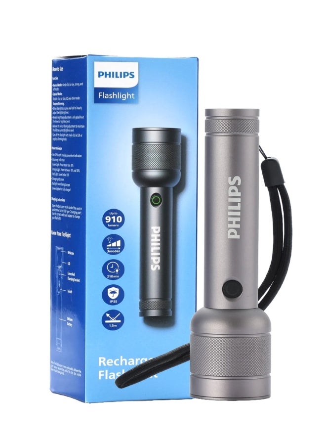 PHILIPS 910LM Rechargeable Flashlight with 3 Lighting Modes, 300 Meter Range, IP55 Waterproof Grey - Image 1