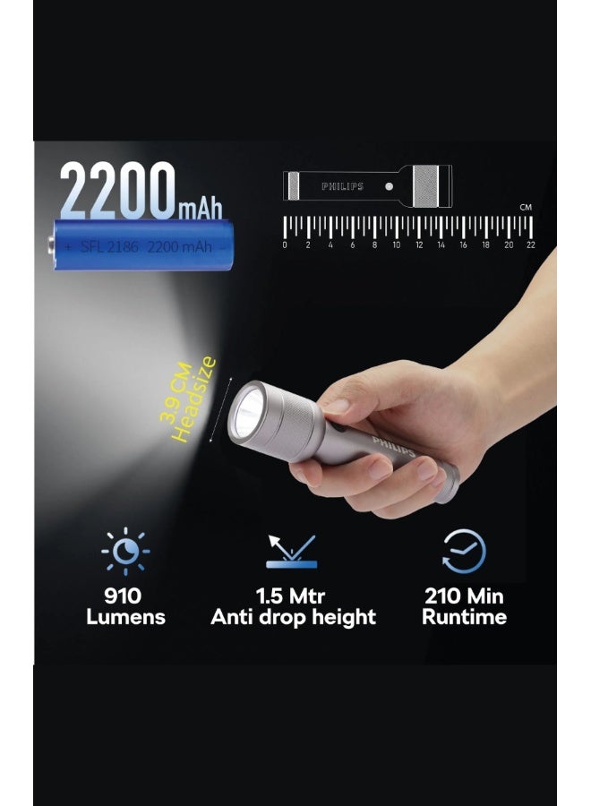PHILIPS 910LM Rechargeable Flashlight with 3 Lighting Modes, 300 Meter Range, IP55 Waterproof Grey - Image 2