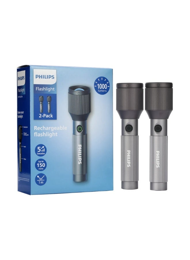 PHILIPS Rechargeable LED Flashlight Torch Pack of 2 | 650 Lumens Brightness | Aircraft Aluminium Alloy Body | Zoom Adjustable Beam 450m Range | 2000mAh Battery | Model SFL2142C2/56 | 2 Year Warranty GREY - Image 1
