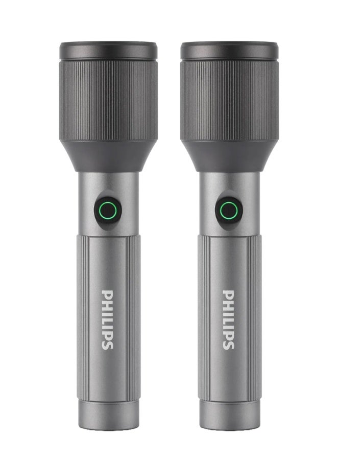 PHILIPS Rechargeable LED Flashlight Torch Pack of 2 | 650 Lumens Brightness | Aircraft Aluminium Alloy Body | Zoom Adjustable Beam 450m Range | 2000mAh Battery | Model SFL2142C2/56 | 2 Year Warranty GREY - Image 2
