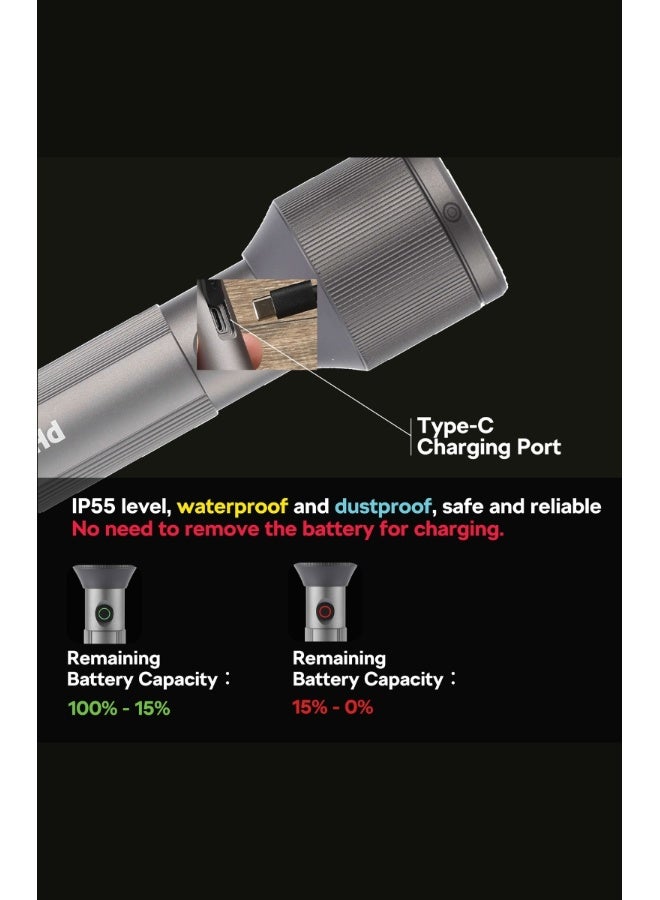 PHILIPS Rechargeable LED Flashlight Torch Pack of 2 | 650 Lumens Brightness | Aircraft Aluminium Alloy Body | Zoom Adjustable Beam 450m Range | 2000mAh Battery | Model SFL2142C2/56 | 2 Year Warranty GREY - Image 4