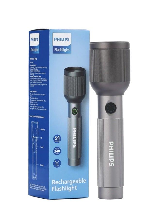 PHILIPS Rechargeable LED Flashlight Torch | 650 Lumens Brightness | Aircraft Aluminium Alloy Body | 450m Beam Range | 2000mAh Battery | Model SFL2242/56 | 2 Year Warranty Black - Image 1