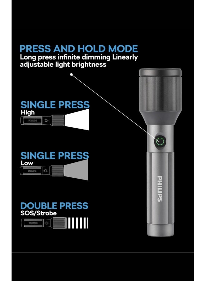 PHILIPS Rechargeable LED Flashlight Torch | 650 Lumens Brightness | Aircraft Aluminium Alloy Body | 450m Beam Range | 2000mAh Battery | Model SFL2242/56 | 2 Year Warranty Black - Image 5