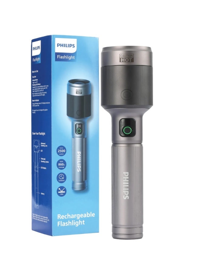 PHILIPS Rechargeable LED Flashlight Torch | 2500 Lumens Ultra High Brightness | Aircraft Aluminium Alloy Body | Zoom Adjustable Beam 860m Range | 9000mAh Battery | Model SFL5102/56 | 2 Year Warranty GREY - Image 1