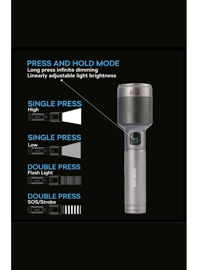PHILIPS Rechargeable LED Flashlight Torch | 2500 Lumens Ultra High Brightness | Aircraft Aluminium Alloy Body | Zoom Adjustable Beam 860m Range | 9000mAh Battery | Model SFL5102/56 | 2 Year Warranty GREY - Image 5